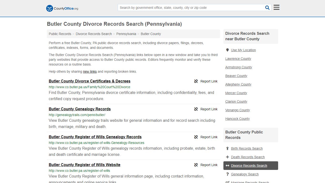 Butler County Divorce Records Search (Pennsylvania) - County Office