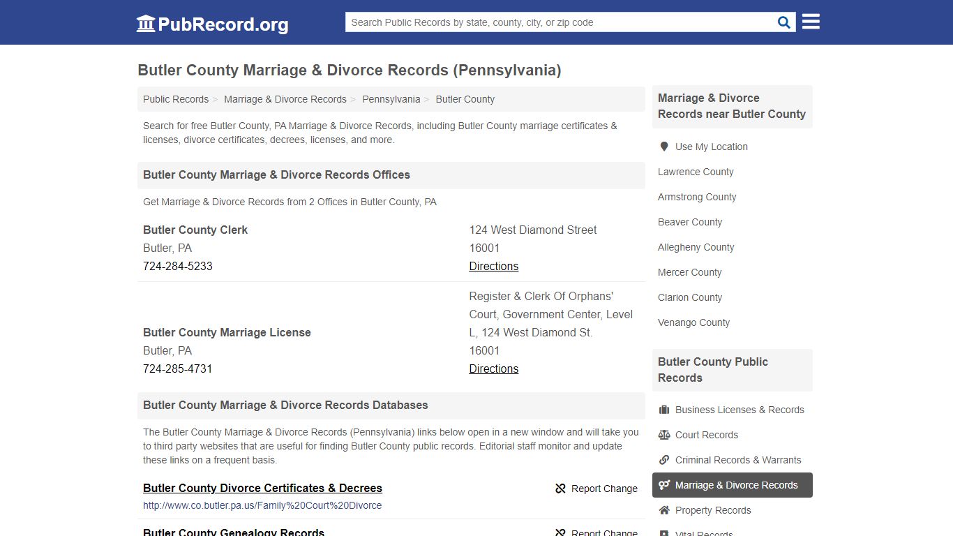 Butler County Marriage & Divorce Records (Pennsylvania)