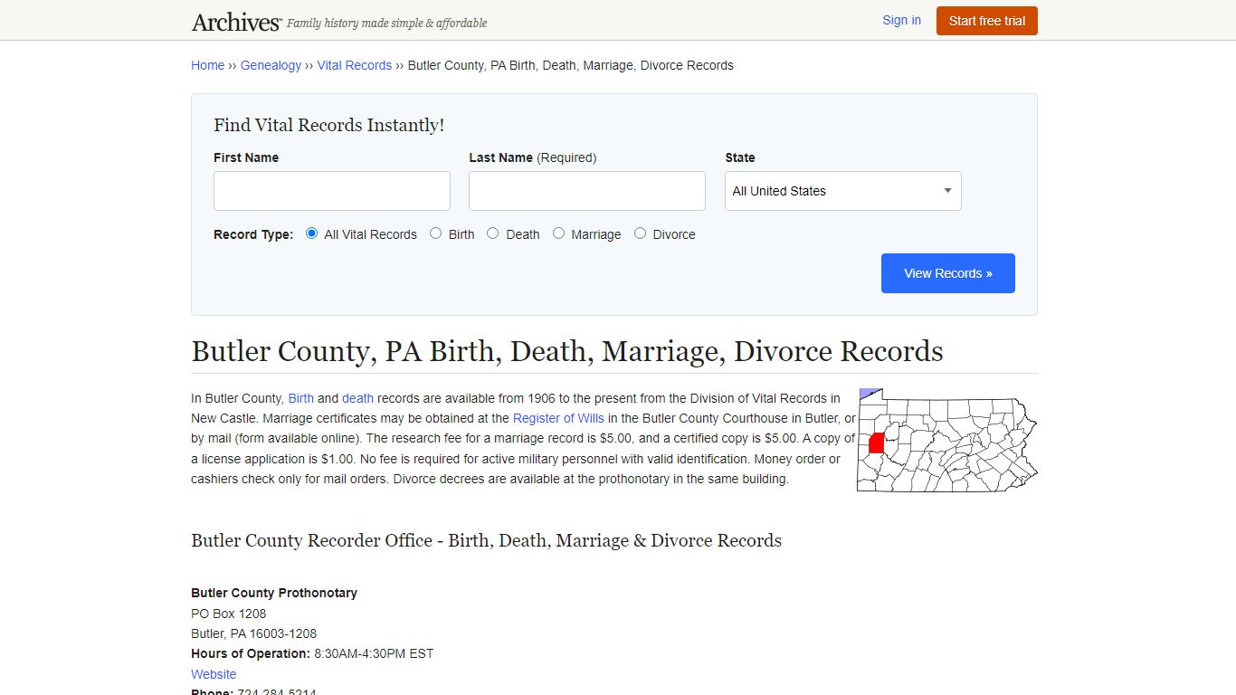 Butler County, PA Birth, Death, Marriage, Divorce Records - Archives.com